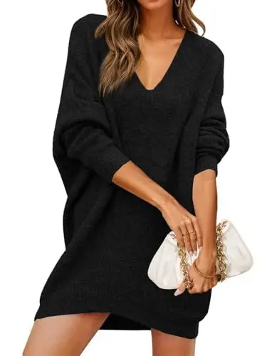Produktbild: Imily Bela Pulloverkleid Damen V-Ausschnitt Übergroßes Strickpullover Elegant Warm Rippstrick lässig lockere Freizeitkleid für Herbst Winter Strickkleid,Khaki,M