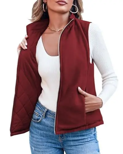 Produktbild: Imily Bela Reversible Weste Damen Kurz Fleece Softshell Steppweste Warm Ärmellose Jacke mit Reissverschluss Taschen (Weinrot, XL)