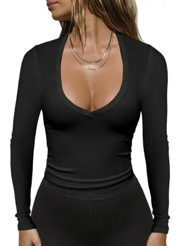 Produktbild: Imily Bela Damen Langarmshirt Sexy V-Ausschnitt Gerippt Oberteile Slim Fit Top (schwarz，L