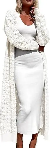 Produktbild: Imily Bela Strickjacke Damen Lang Leichter Grobstrick-Cardigan Pullover Langarm Open Front Herbst Winter Casual Warm Strickcardigan (Weiß,M)