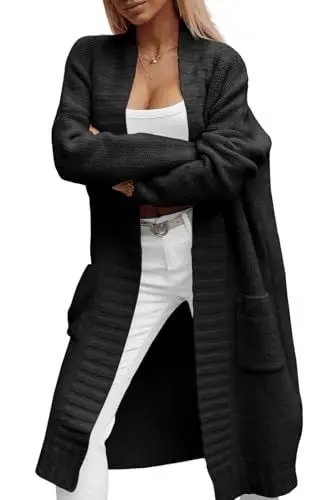 Produktbild: Imily Bela Strickjacke Damen mit Taschen lang Grobstrick Cardigan Herbst Strickcardigan Winter Pullover（Schwarz，L