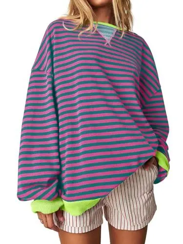 Produktbild: Imily Bela Sweatshirt Damen Gestreift Pullover Oversized Langarmshirt Rundhals Ohne Kapuze Pulli Striped Shirt Y2K Oberteile Tops.Rosa.XL