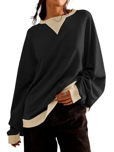 Produktbild: Imily Bela Sweatshirt Damen Oversized Farbblock Langarmshirt Rundhals Ohne Kapuze Pulli Casual Y2K Oberteile Schwarz.M
