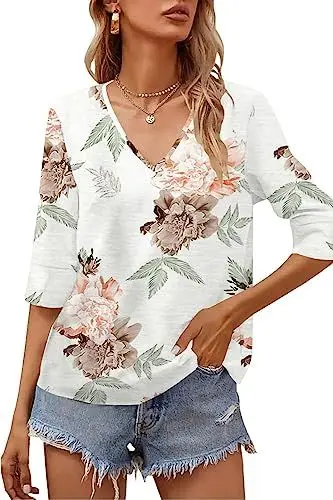 Produktbild: Imily Bela T-Shirt Damen 3/4 Ärmel Bluse Damen V-Ausschnitt Tunika Elegant Casual Tops Shirts Oberteile Tunika Longshirt