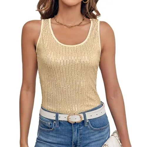 Produktbild: Imily Bela Top Damen Sommer Pailletten Tanktop Slim Fit U-Ausschnitt Ärmellos Elegant Oberteile Sexy Party Bluse Cocktail Club Outfits(Gold,M)