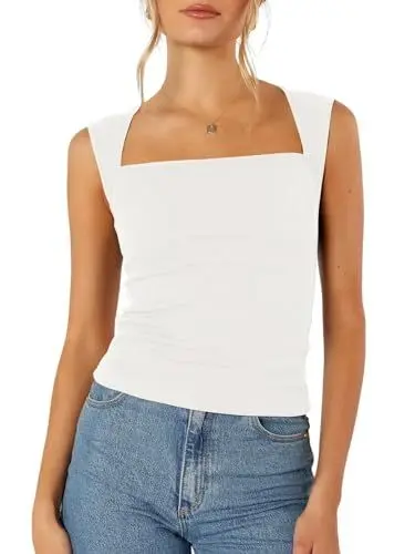 Produktbild: Imily Bela Tops Damen Quadratischem Ausschnitt Crop Tank Top Slim Fit Ärmellose Shirts Sexy Bauchfreie Oberteil.Weiß.XL
