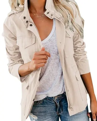 Produktbild: Imily Bela Übergangsjacke Damen Leichte sommerjacke Herbst Stehkragen Jacket Boyfriend Parka Sommerjacke Elegant leichte Jacke Kurzmantel(Beige，L)