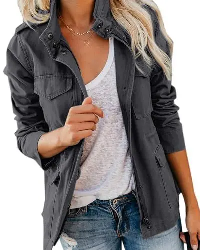 Produktbild: Imily Bela Übergangsjacke Damen Leichte sommerjacke Herbst Stehkragen Jacket Boyfriend Parka Sommerjacke Elegant leichte Jacke Kurzmantel(Dunkelgrau，XXL)