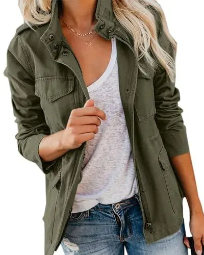 Produktbild: Imily Bela Übergangsjacke Damen Leichte sommerjacke Herbst Stehkragen Jacket Boyfriend Parka Sommerjacke Elegant leichte Jacke Kurzmantel(Grün，L)