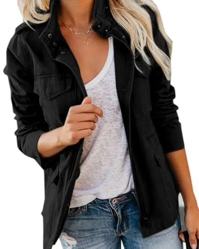 Produktbild: Imily Bela Übergangsjacke Damen Leichte sommerjacke Herbst Stehkragen Jacket Boyfriend Parka Sommerjacke Elegant leichte Jacke Kurzmantel(Schwarz，L)