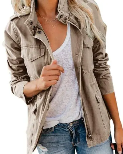 Produktbild: Imily Bela Übergangsjacke Damen Leichte sommerjacke Herbst Stehkragen Jacket Boyfriend Parka Sommerjacke Elegant leichte Jacke Kurzmantel(khaki，M)