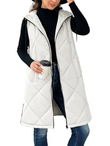 Produktbild: Imily Bela Weste Damen Steppweste Kapuze Vest Leichte Ärmellos Jacke Übergangs Westen Bodywarmer Längere Übergangsjacke Casual Longweste Oberbekleidung（weiß，XL）