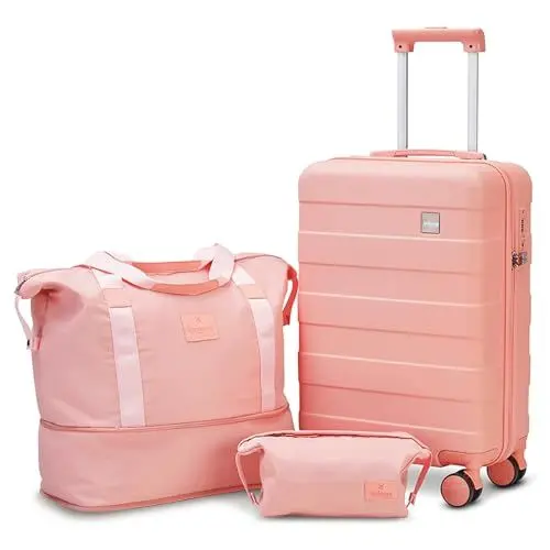 Produktbild: imiomo Kofferset 3 Teilig Hartschale Reisekoffer von ABS Trolley 4 Rollen Der Koffer Enthält 1 Kosmetikkoffer und 1 Tragbare Tasche Rosa