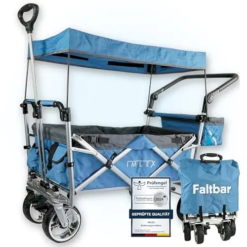 Produktbild: IMLEX Bollerwagen faltbar mit Dach IM-4268 Blau | Hohe Stabilität, 1X 3-Punkt Gurtsystem | Handwagen klappbar mit Schiebegriff ideal für 2 Kinder
