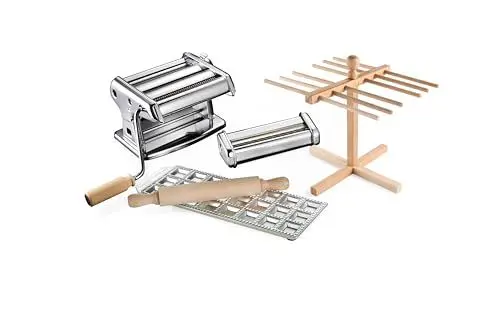 Produktbild: Imperia La Tua Pasta Titania. Nudelmaschinen-Geschenkset mit Zubehör. 100% Made in Italy. Set bestehend aus frischer Nudelmaschine, Ravioliform, Nudelschneider, Nudelverteiler und Nudelholz.
