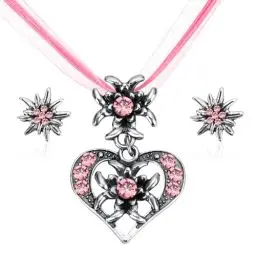 Produktbild: IMPPTE 3 Stück Rosa Trachtenschmuck Damen Kette Edelweiß Herz Anhänger mit Ohrstecker Edelweiß Trachtenschmuck Damen Ohrringe für Bierfest Trachten Dirndl Accessoires