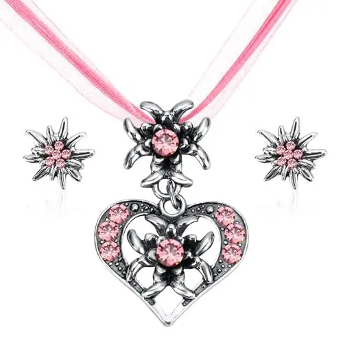 Produktbild: IMPPTE 3 Stück Rosa Trachtenschmuck Damen Kette Edelweiß Herz Anhänger mit Ohrstecker Edelweiß Trachtenschmuck Damen Ohrringe für Bierfest Trachten Dirndl Accessoires