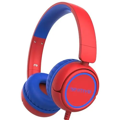 Produktbild: IMYB Kinder kopfhörer, Kopfhörer für Kinder mit Kabel, faltbar, Stereo Sound, Sichere Lautstärkebegrenzung, 3,5 mm Jack, Over Ear Kinderkopfhörer für Schule, Junge, Mädchen, Tablet, PC, Rot