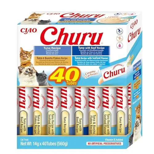 Produktbild: INABA Churu Katzenleckerlis Keine Nebenerzeugnisse Creamy Snack, Variety Box mit Thunfisch | Getreidefrei, Zuckerfrei, Kalorienarm, 100% natürliches Fleisch, Premium Katzen Leckerlies aus Japan 560 g