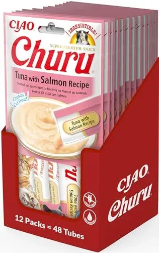 Produktbild: INABA Churu Puree Katzenleckerlis Creamy Snacks, Hochwertige Proteine mit Thunfisch & Lachs 56 g (12er Pack), Katzensnacks in Premium Qualität