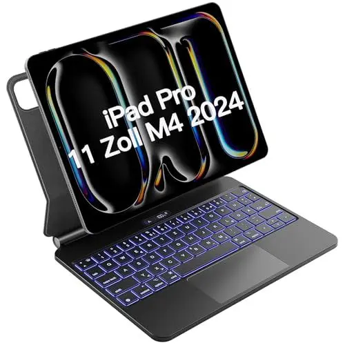 Produktbild: Inateck Magic Keyboard für iPad Pro 11 2024 M4 Hülle mit Tastatur, 30 Min Schnelles Laden,LED Smart Power-Anzeige,Click-Anywhere-Trackpad, 7 Farben 3 Stufen Hinterleuchtet, QWERTZ, KB09121