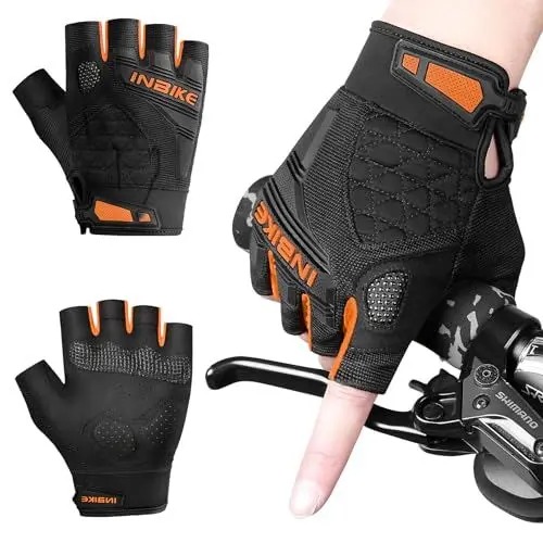 Produktbild: INBIKE Fahrradhandschuhe Herren Halbfinger Sommer MTB Handschuhe Kurz Atmungsaktive rutschfest Radhandschuhe Orange M