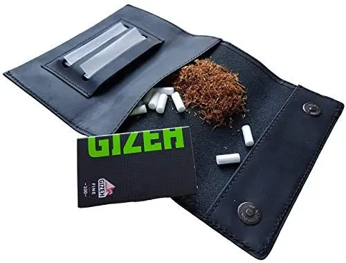 Produktbild: Indian Pearl Echtleder Tabaktasche I gratis GIZEH Doppelpapers I Handgemachter Tabakbeutel I Drehertasche leder, Tobacco pouch, Drehbeutel, Drehtabak I Schwarz