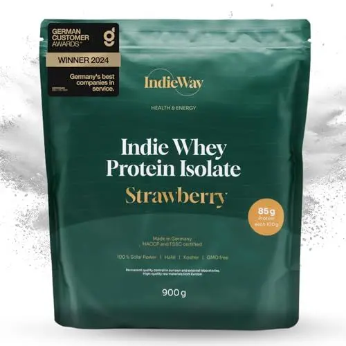 Produktbild: IndieWay Whey Protein Isolat Erdbeere 900g - Protein-Pulver mit 85% Eiweißgehalt - Eiweißpulver für Proteinshakes - Molke-Protein für Muskelaufbau