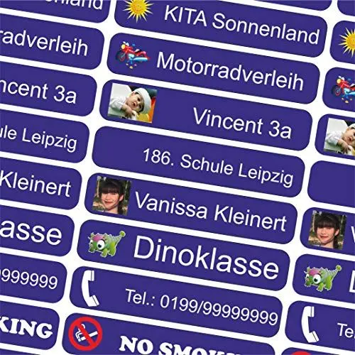 Produktbild: INDIGOS UG - Namensaufkleber Kinder Schule mit Foto - 36x7 mm - 10-150 Sticker - blau - personalisiert - selbstklebend - Etiketten für KITA, Sport, Sticker selbst gestalten