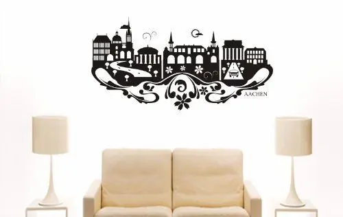 Produktbild: INDIGOS UG - Wandtattoo Wohnzimmer - Wandaufkleber Aachen (Deutschland) Design 3-80x42 cm - schwarz e712 Skyline Stadt - Aufkleber Kinderzimmer Schlafzimmer Küche Badezimmer Büro Dekoration