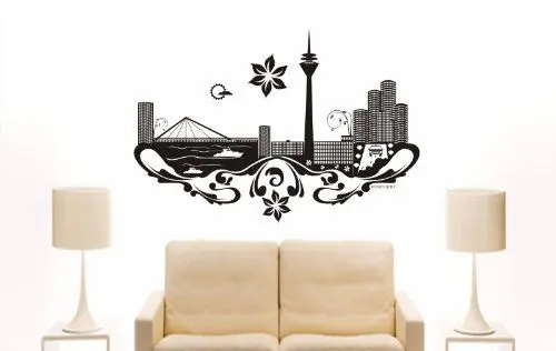 Produktbild: INDIGOS UG - Wandtattoo Wohnzimmer - Wandaufkleber Düsseldorf (Deutschland) Design 3-180x123 cm - schwarz e754 Skyline Stadt - Aufkleber Kinderzimmer Schlafzimmer Küche Badezimmer Büro Dekoration