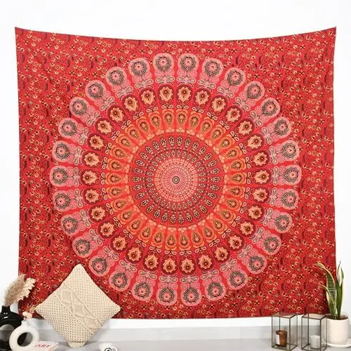 Produktbild: Indischer goldener roter Mandala-Wandteppich, Wandbehang, 228,6 x 274,3 cm, Pfau, Hippie-Wandteppiche, Hippie-Strandüberwurf, College-Wohnheim-Dekoration, Bohemian-Boho-Bettlaken