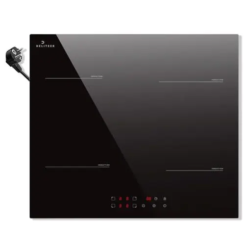 Produktbild: Induktionskochfeld 4 Platten mit Stecker, DELITEER, Induktions Kochfeld Autark 16A Steckerdose, 3500Watt, 59CM Einbau, Herdplatte 4 Kochfelder, Sicherheitssperre, 220v