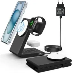 Produktbild: Induktive Ladestation Kompatibel mit Magsafe Ladegerät,3 in 1 Faltbar Ladestation für iPhone 16/15/14/13/12, Wireless Charger für Apple Watch 10/9/8/7/6/5/4/3/2/SE und AirPods 3/2/Pro