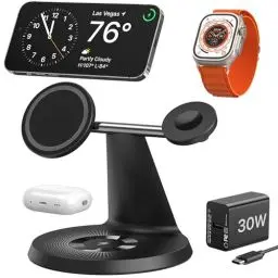Produktbild: Induktive Ladestation Kompatibel mit Magsafe Ladegerät,QTlier 3 in 1 iPhone Ladestation für 16/15/14/13/12 Serie,30W Wireless Charger für Apple Watch 10/9/8/7/6/5/4/3/2/SE und AirPods 3/2/Pro(Schwarz)