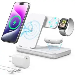 Produktbild: Induktive Ladestation für Apple Watch und iPhone, Kabelloses Ladegerät 3 in 1 Wireless Charger Kompatibel mit iPhone 16 15 14 13 12 MagSafe Gerät, Apple Watch Serie, AirP0ds Pro 3 2 (Weiß)
