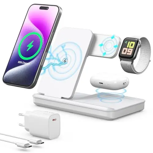 Produktbild: Induktive Ladestation für Apple Watch und iPhone, Kabelloses Ladegerät 3 in 1 Wireless Charger Kompatibel mit iPhone 16 15 14 13 12 MagSafe Gerät, Apple Watch Serie, AirP0ds Pro 3 2 (Weiß)