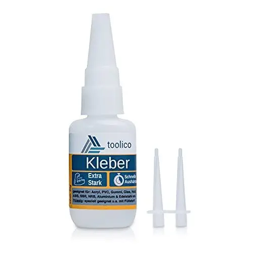 Produktbild: TOOLICO Industriekleber extra stark (20g) inkl. 2 Dosierspitzen - Wasserfester Sekundenkleber für Porzellan Keramik Textil Leder Kunststoff Gummi und Modellbau