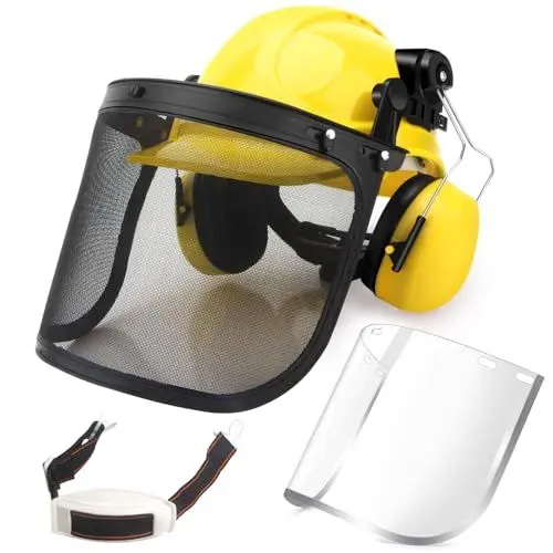 Produktbild: Industrieller Forstschutzhelm, Kettensägenhelm, 6-in-1-Industriehelm und Gehörschutzsystem mit Zwei Gesichtsschutzvisieren, schlagfester Schutzhelm, Freischneiderhelm – Gelb