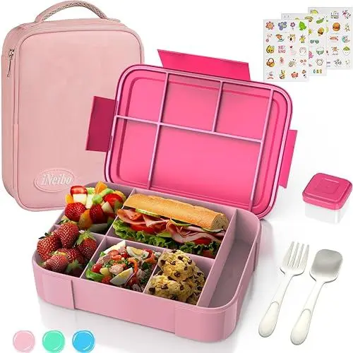 Produktbild: iNeibo Brotdose Kinder mit Fächern Lunchbox Kinder Brotdose mit Fächern Bento Box mit Soßenbox, Lunchtasche und Stickers Brotbox Jausenbox Snackbox Vesperbox Vesperdose für Schule