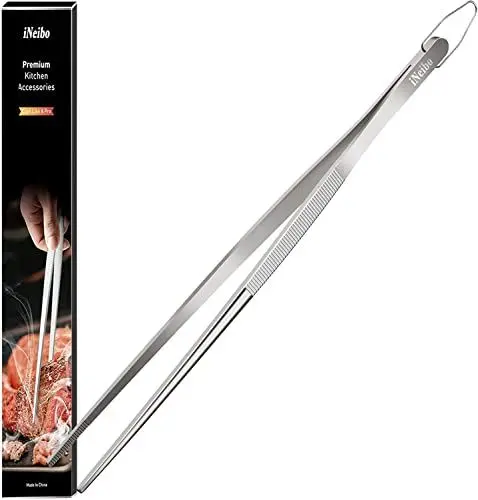Produktbild: iNeibo Grillzange Edelstahl Kochpinzette Küchenzange Premium Qualität Zange Küche Pinzette Lang Verwendbar als Pinzette Küche Grillpinzette Fleischzange Küchenpinzette 30 cm Spitz