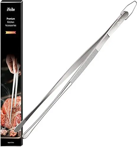 Produktbild: iNeibo Grillzange Edelstahl Kochpinzette Küchenzange Premium Qualität Zange Küche Pinzette Lang Verwendbar als Pinzette Küche Grillpinzette Fleischzange Küchenpinzette 30 cm Rund