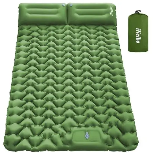 Produktbild: iNeibo Isomatte Selbstaufblasend 2 Personen Isomatte Outdoor Luftmatratze Selbstaufblasend mit Fußpresse Pumpe & Kissen Camping Matratze 2 Personen für Outdoor, Wandern, Strand und Zelten Grün