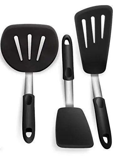 Produktbild: iNeibo Pfannenwender, Küchenwender Fischwender aus lebensmittelechtem Silikon und rostfreiem Edelstahl Robust und Spülmaschinenfest. 3er Set Schwarz
