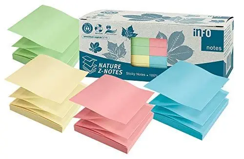 Produktbild: inFO Notes 100% Recycling Haftnotizen, pastellmix, zertifiziert mit dem Blauen Engel, 100 Blatt pro Block, 12 Blöcke in Recycling Box verpackt, 75 x 75 mm