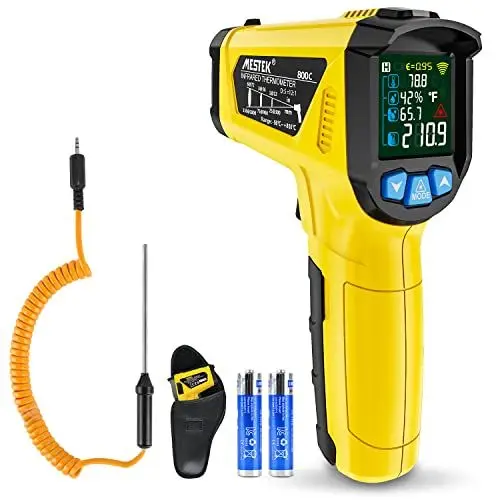 Produktbild: Infrarot Thermometer Laser MESTEK Temperaturmessgerät mit K-Sonde IR Pyrometer -50°C bis 800°C Berührungslos Farbe LCD Alarmfunktion Einstellbarer Emissionsgrad für Küche