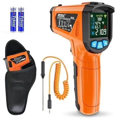 Produktbild: Infrarot Thermometer MESTEK Digital Laser Temperaturmessgerät mit K-Sonde IR Pyrometer -50°C bis 800°C Berührungslos Farbe LCD Alarm Einstellbarer Emissionsgrad für Küche Backen Industrie
