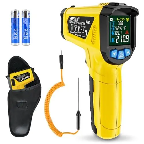 Produktbild: Infrarot Thermometer MESTEK Temperaturmessgerät Digital Laser IR Pyrometer K-Sonde -50°C ~ 800°C Berührungslos mit Farbe lcd Alarmfunktion Einstellbarer Emissionsgradfür Küche Grill Automotive