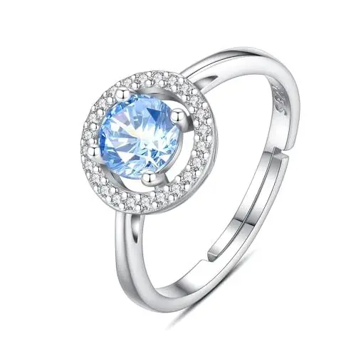 Produktbild: INFUSEU Geburtsstein Ring, 925 Sterling Silber Geburtsstein Aquamarin Ringe für Damen Juni Personalisierbar Verstellbar Offene Bänder Zirkonia Ringe Geschenke für Frauen Mädchen