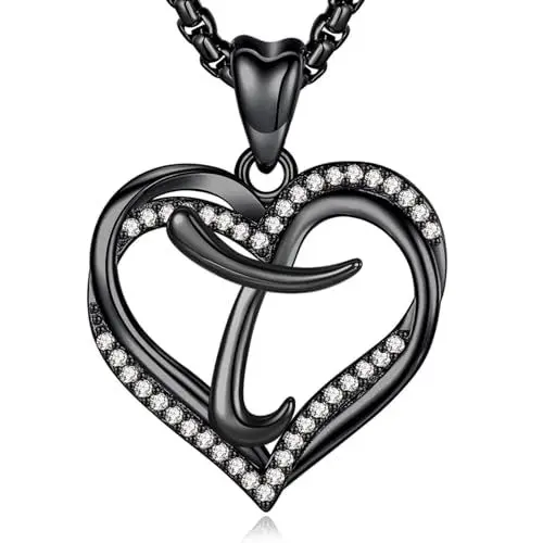 Produktbild: INFUSEU Herz Kette mit Buchstaben, T Schwarz Brief Schmuck Cubic Zirconia CZ für Frauen Frau Frau Mutter Freundin romantische Geschenke, 20-Zoll-Kette